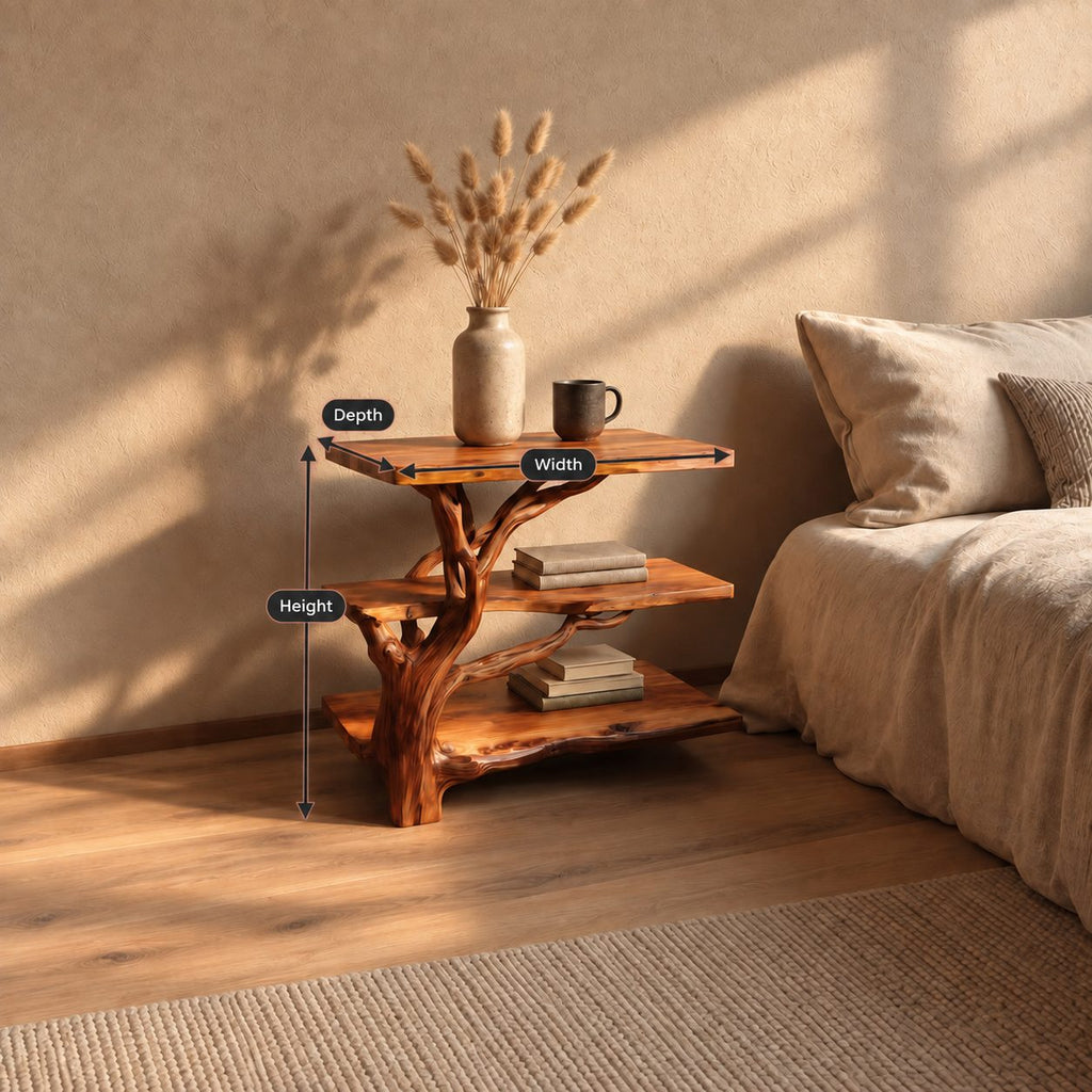 Tree Branch Bedside Table with Three Live Edge Tiers, Twisting Trunk Solid Wood Nightstand for Bedroom