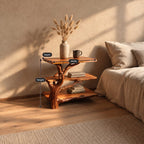 Tree Branch Bedside Table with Three Live Edge Tiers, Twisting Trunk Solid Wood Nightstand for Bedroom