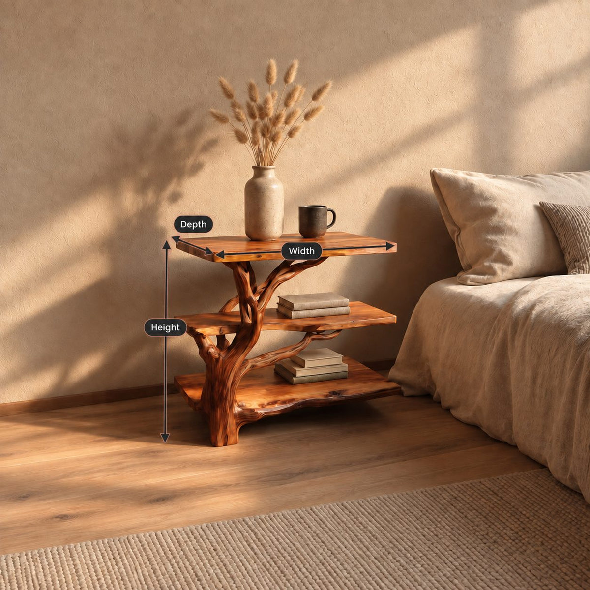 Tree Branch Bedside Table with Three Live Edge Tiers, Twisting Trunk Solid Wood Nightstand for Bedroom