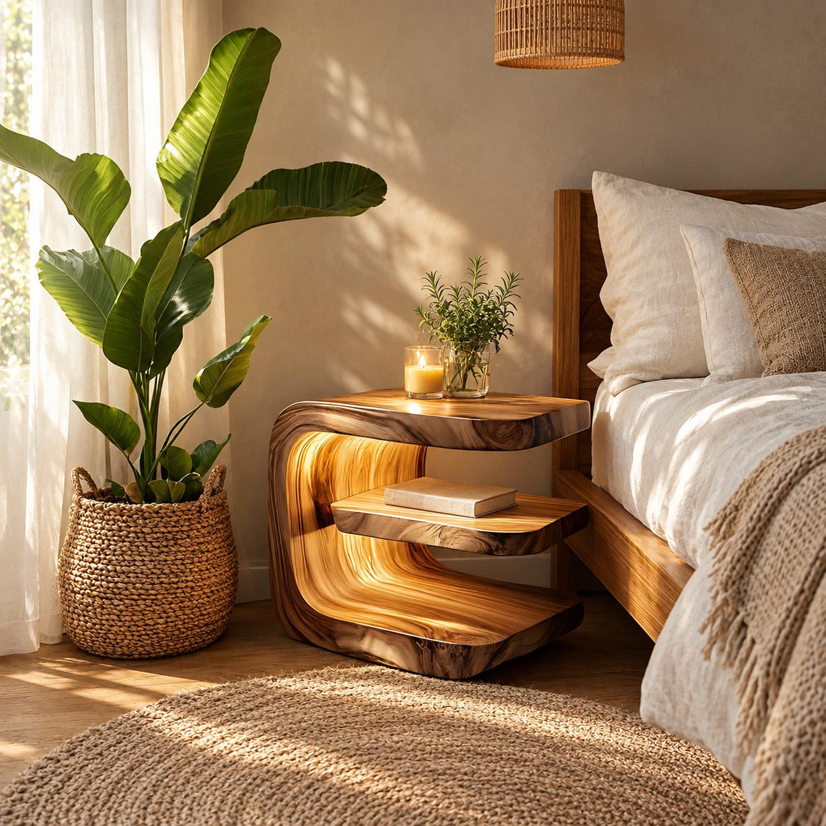 C Curve Nightstand with Floating Middle Shelf, Bent Grain Solid Wood Bedside Table for Bedroom