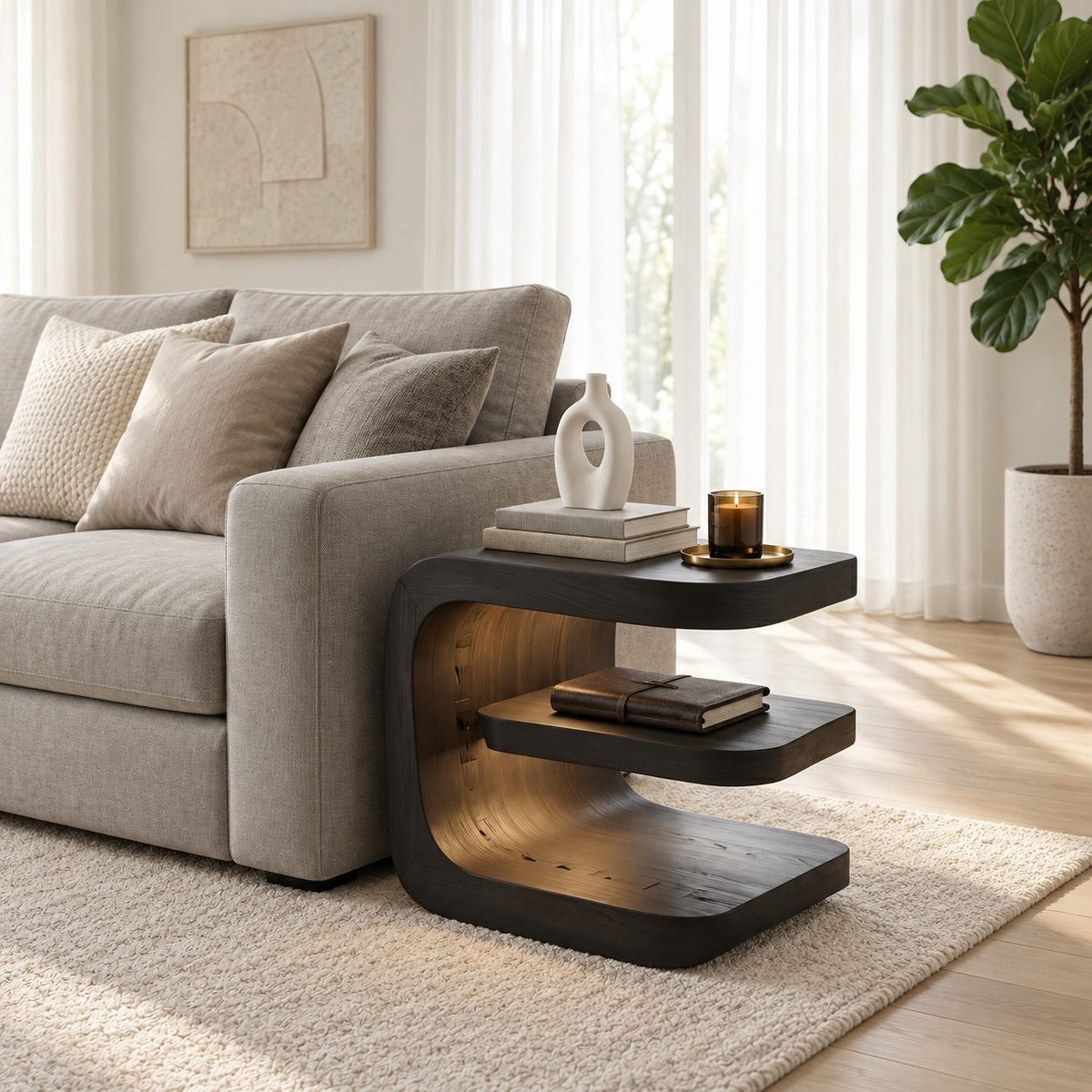 C Curve Nightstand with Floating Middle Shelf, Bent Grain Solid Wood Bedside Table for Bedroom