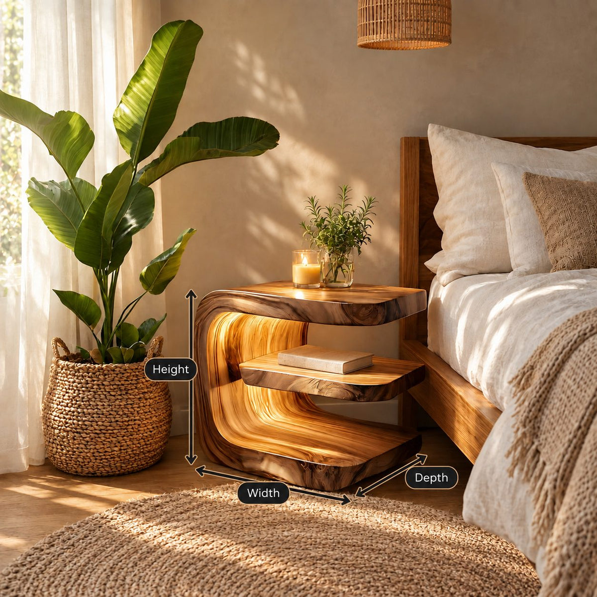 C Curve Nightstand with Floating Middle Shelf, Bent Grain Solid Wood Bedside Table for Bedroom