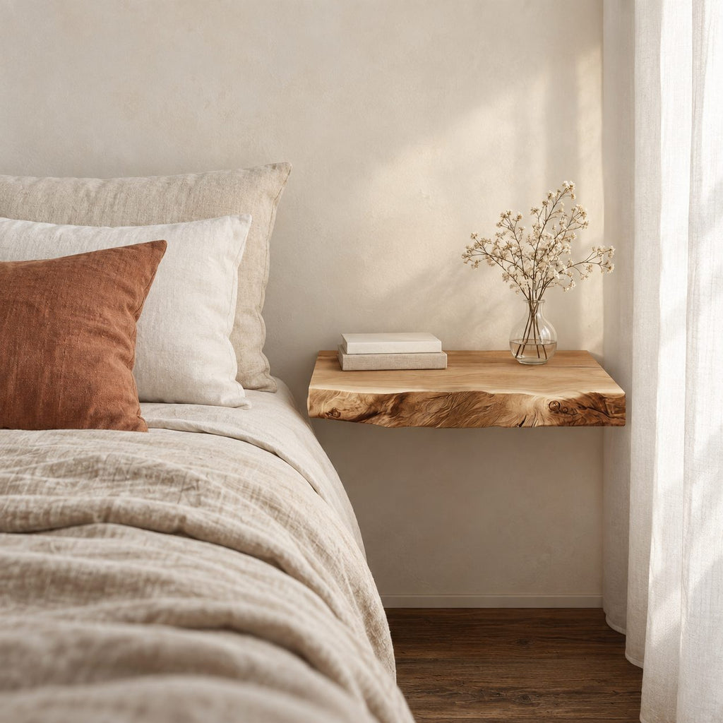 Slim Live Edge Floating Bedside Shelf, Solid Wood Wall Mounted Nightstand Slab for Small Bedrooms