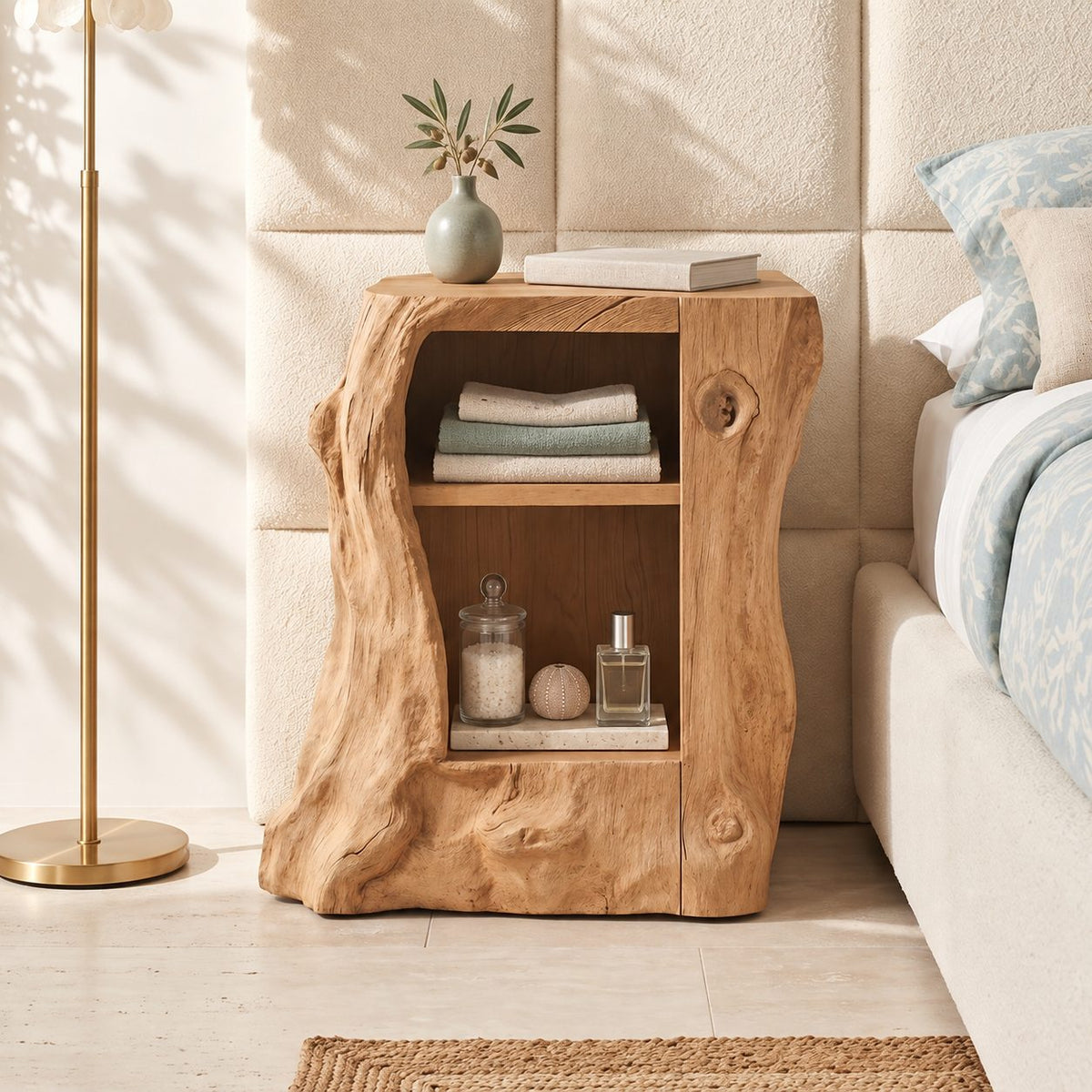 Gnarled Trunk Cabinet Nightstand with Two Open Compartments, Carved Solid Wood Bedside Table