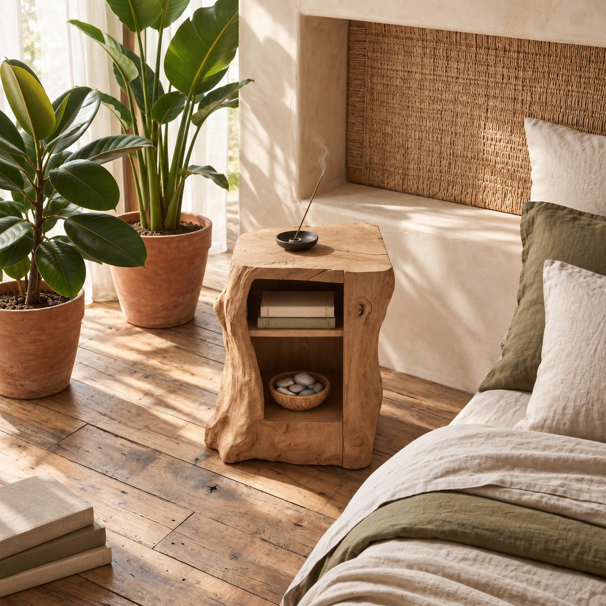 Gnarled Trunk Cabinet Nightstand with Two Open Compartments, Carved Solid Wood Bedside Table