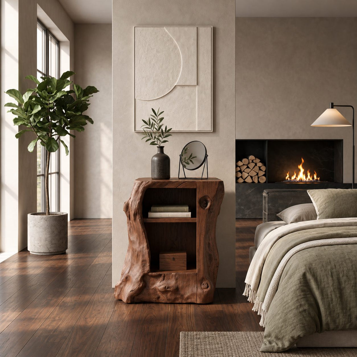 Gnarled Trunk Cabinet Nightstand with Two Open Compartments, Carved Solid Wood Bedside Table