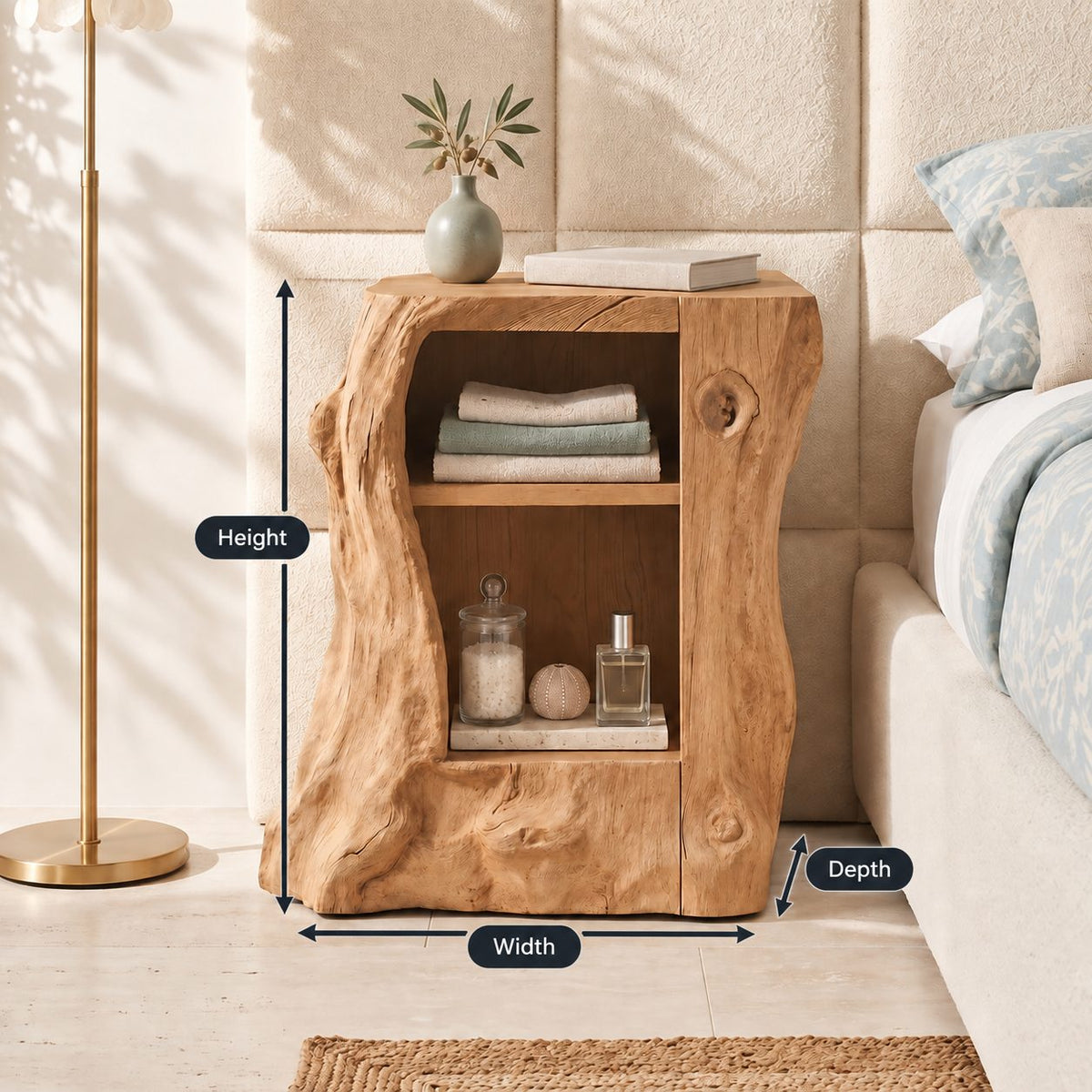 Gnarled Trunk Cabinet Nightstand with Two Open Compartments, Carved Solid Wood Bedside Table