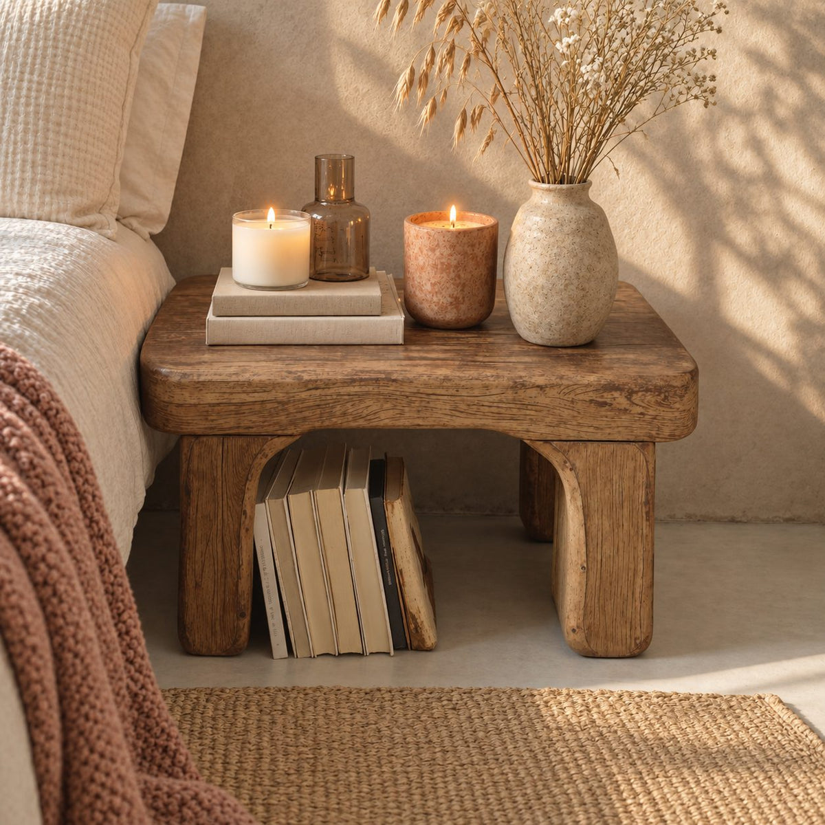 Arched Leg Low Nightstand, Chunky Rounded Top Solid Wood Bedside Table with Open Space Below