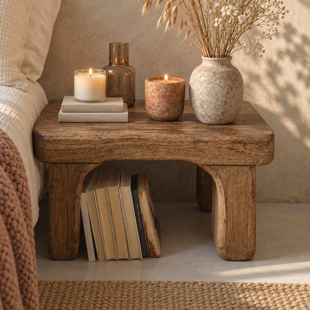 Arched Leg Low Nightstand, Chunky Rounded Top Solid Wood Bedside Table with Open Space Below
