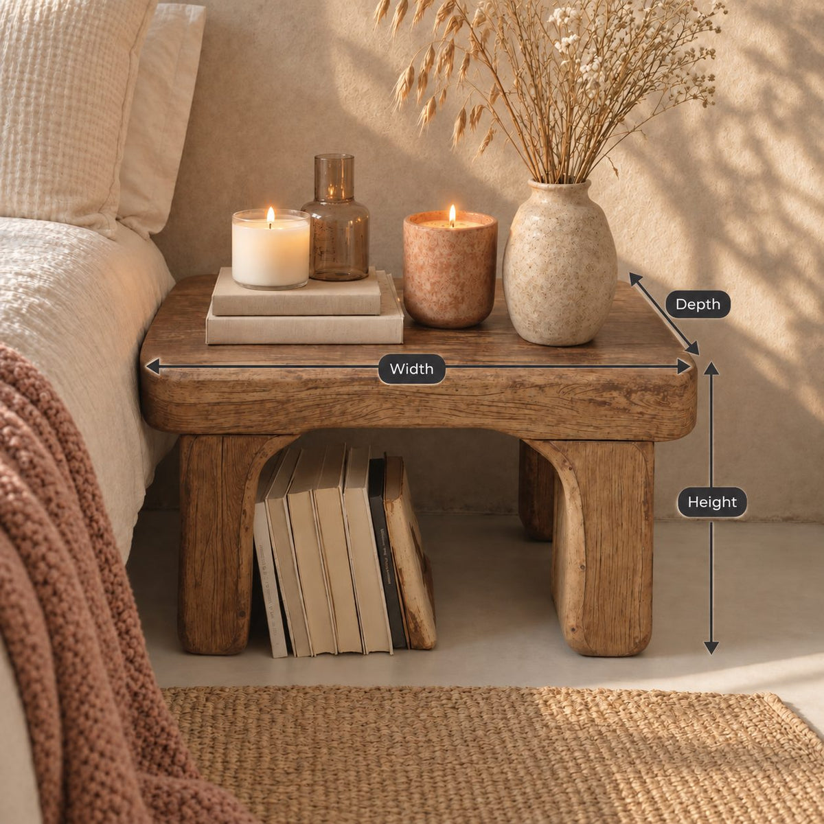 Arched Leg Low Nightstand, Chunky Rounded Top Solid Wood Bedside Table with Open Space Below