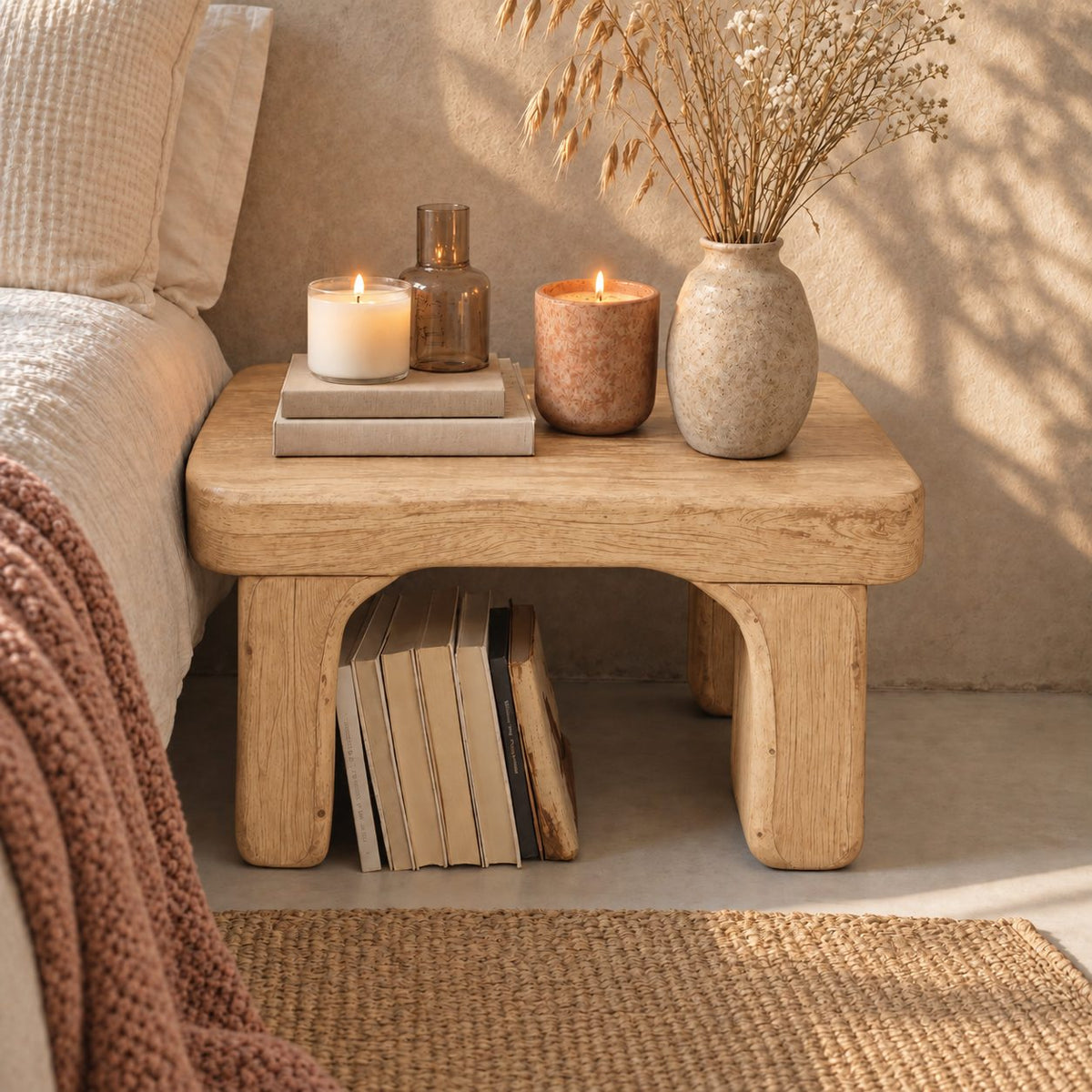 Arched Leg Low Nightstand, Chunky Rounded Top Solid Wood Bedside Table with Open Space Below