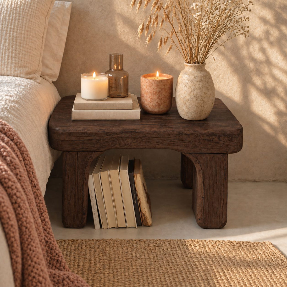 Arched Leg Low Nightstand, Chunky Rounded Top Solid Wood Bedside Table with Open Space Below