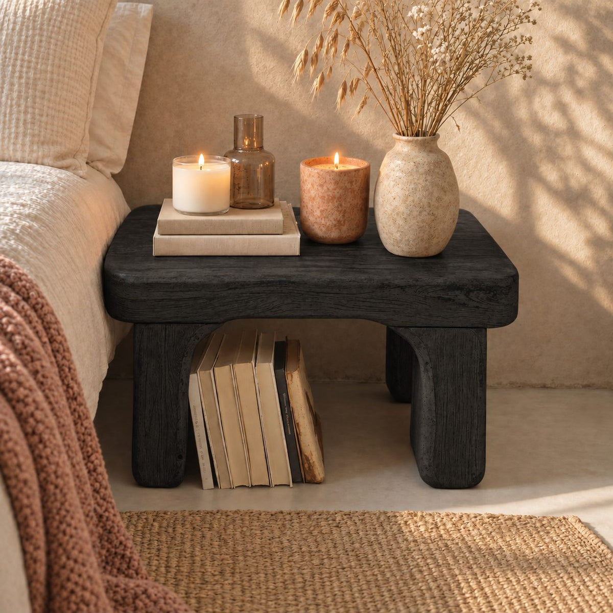 Arched Leg Low Nightstand, Chunky Rounded Top Solid Wood Bedside Table with Open Space Below