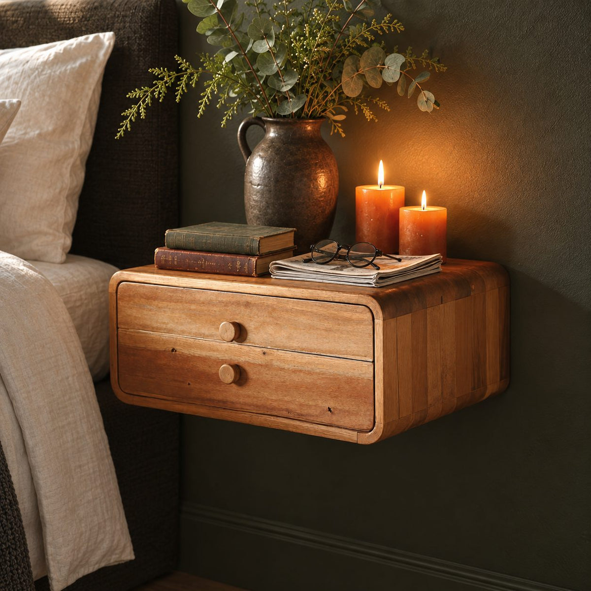 Two Drawer Floating Nightstand, Rounded Corner Solid Wood Wall Mounted Bedside Box with Knob Pulls