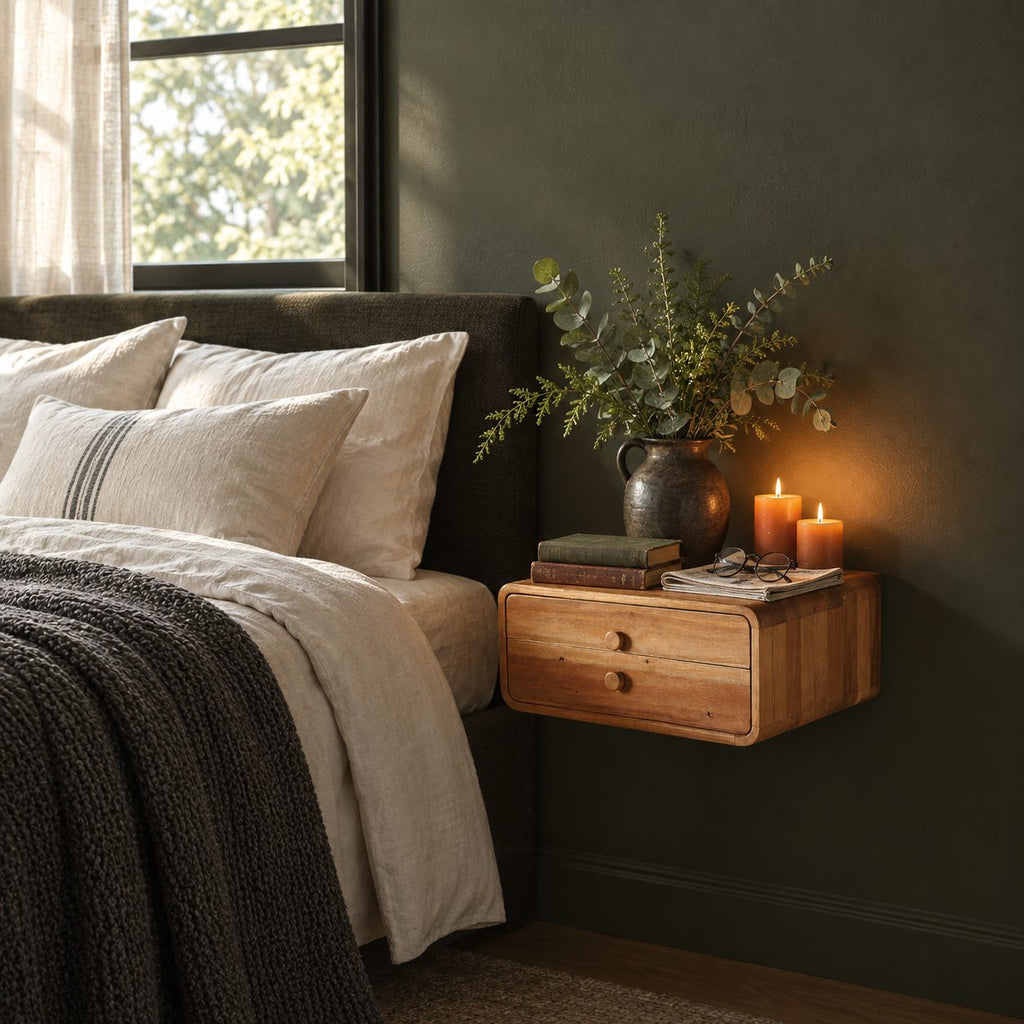 Two Drawer Floating Nightstand, Rounded Corner Solid Wood Wall Mounted Bedside Box with Knob Pulls