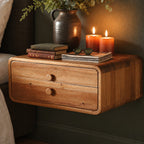 Two Drawer Floating Nightstand, Rounded Corner Solid Wood Wall Mounted Bedside Box with Knob Pulls