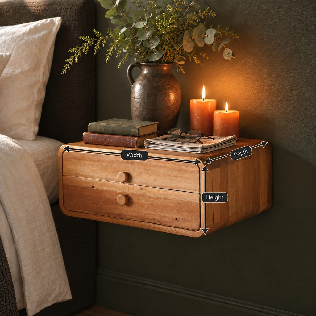 Two Drawer Floating Nightstand, Rounded Corner Solid Wood Wall Mounted Bedside Box with Knob Pulls