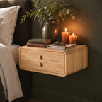 Two Drawer Floating Nightstand, Rounded Corner Solid Wood Wall Mounted Bedside Box with Knob Pulls