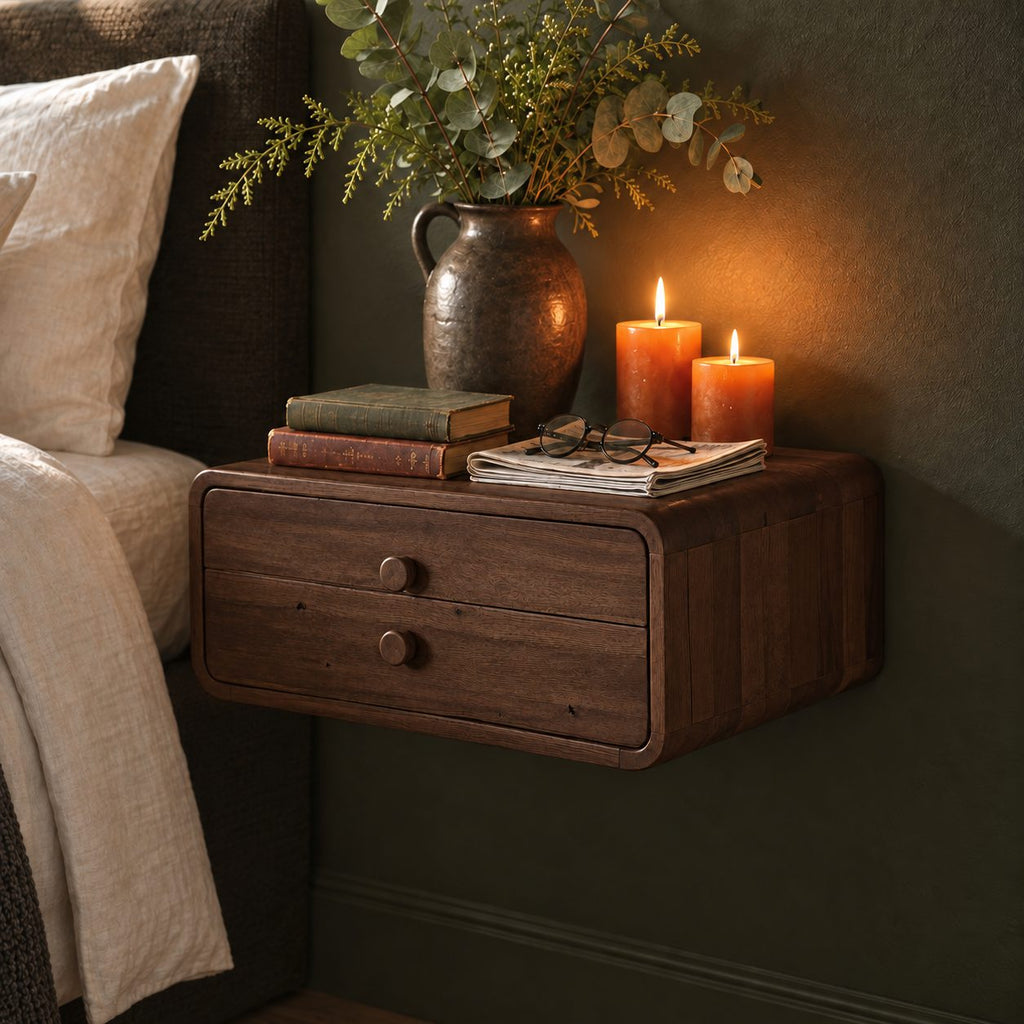Two Drawer Floating Nightstand, Rounded Corner Solid Wood Wall Mounted Bedside Box with Knob Pulls