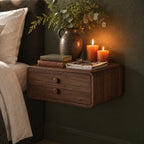 Two Drawer Floating Nightstand, Rounded Corner Solid Wood Wall Mounted Bedside Box with Knob Pulls