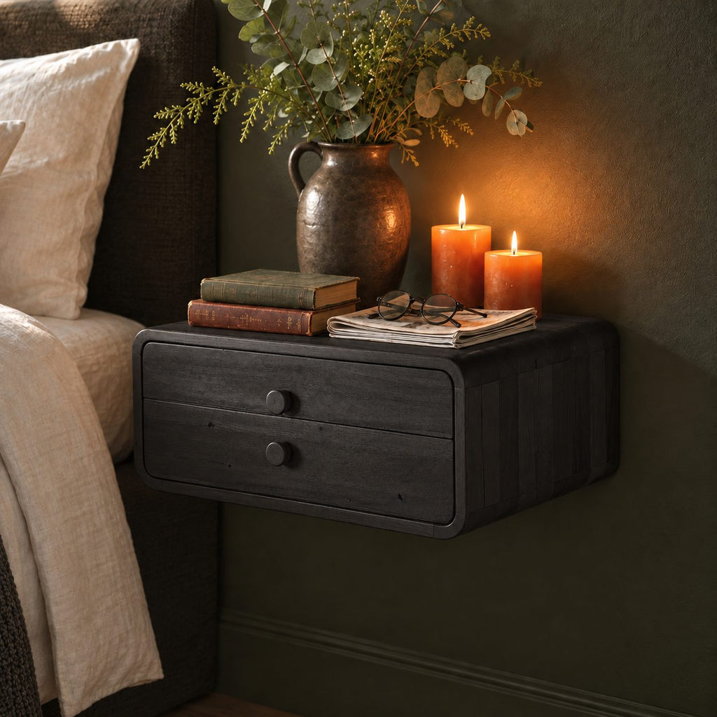 Two Drawer Floating Nightstand, Rounded Corner Solid Wood Wall Mounted Bedside Box with Knob Pulls