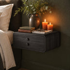 Two Drawer Floating Nightstand, Rounded Corner Solid Wood Wall Mounted Bedside Box with Knob Pulls