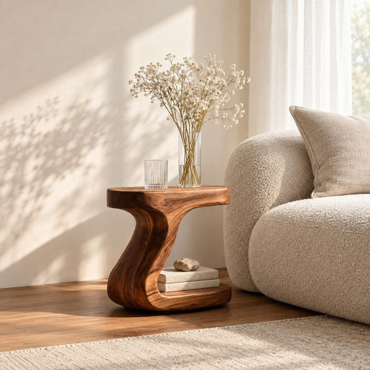 S Curve Pedestal Nightstand with Open Base Shelf, Sculptural Solid Wood Bedside Table for Bedroom
