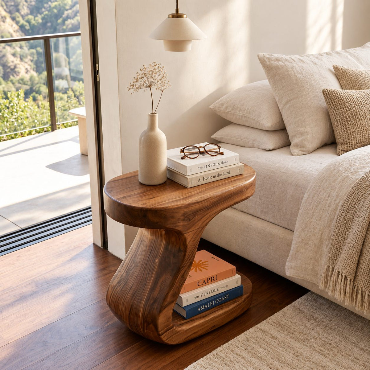 S Curve Pedestal Nightstand with Open Base Shelf, Sculptural Solid Wood Bedside Table for Bedroom