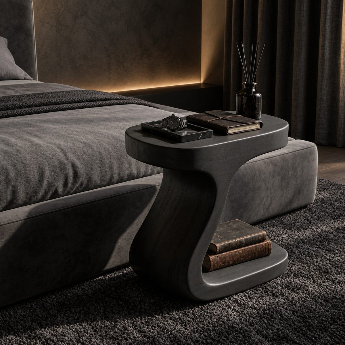 S Curve Pedestal Nightstand with Open Base Shelf, Sculptural Solid Wood Bedside Table for Bedroom