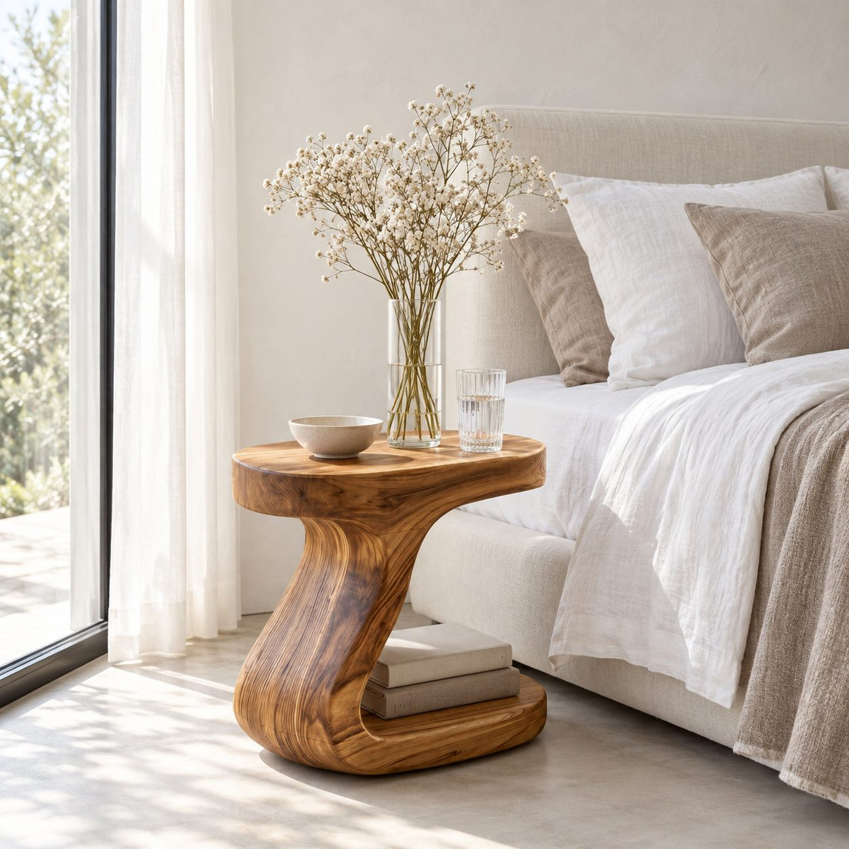 S Curve Pedestal Nightstand with Open Base Shelf, Sculptural Solid Wood Bedside Table for Bedroom