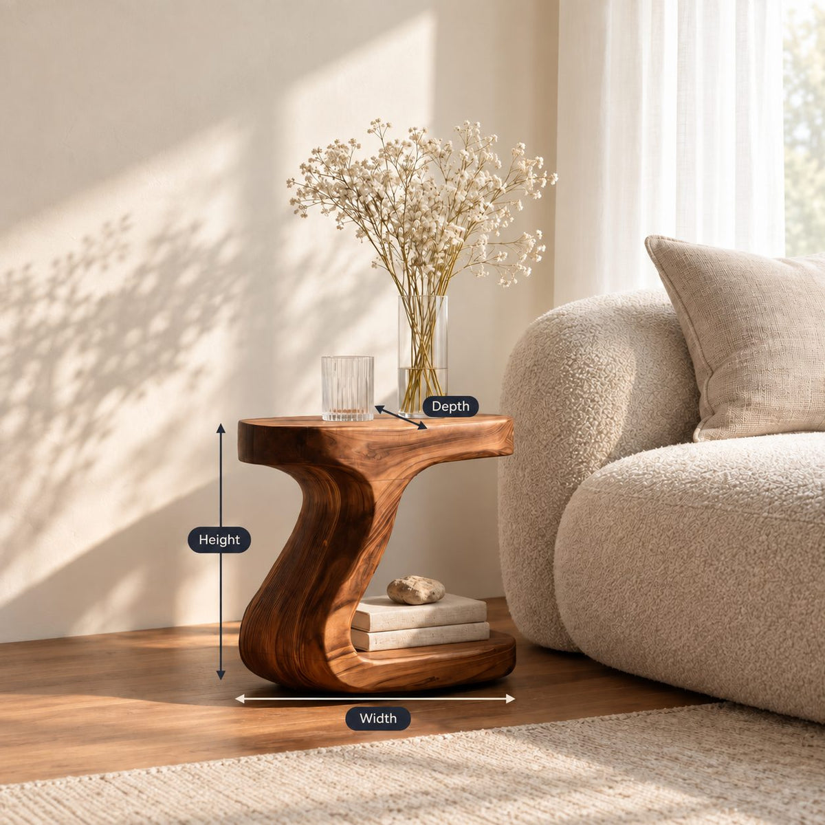 S Curve Pedestal Nightstand with Open Base Shelf, Sculptural Solid Wood Bedside Table for Bedroom