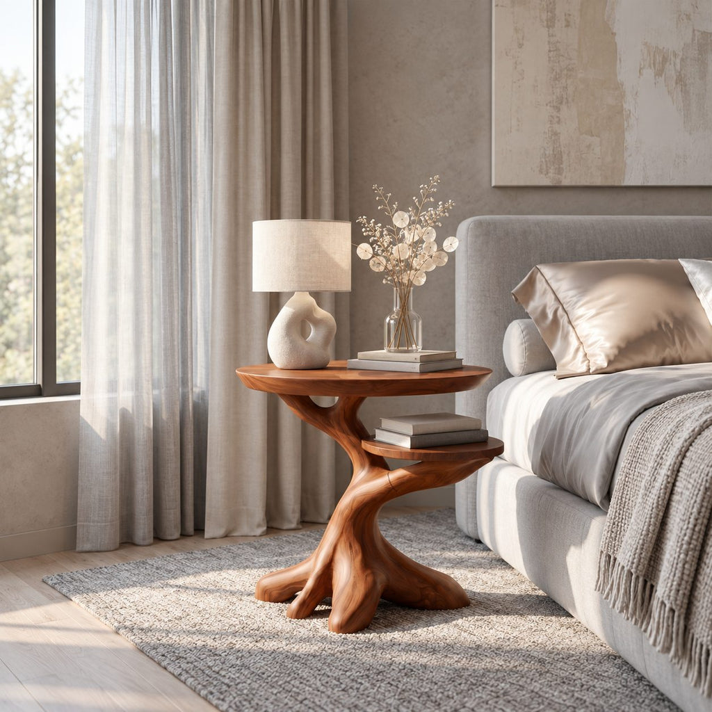 Twisted Root End Table with Rounded Top and Lower Shelf, Sculptural Solid Wood Side Table
