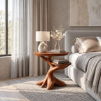 Twisted Root End Table with Rounded Top and Lower Shelf, Sculptural Solid Wood Side Table