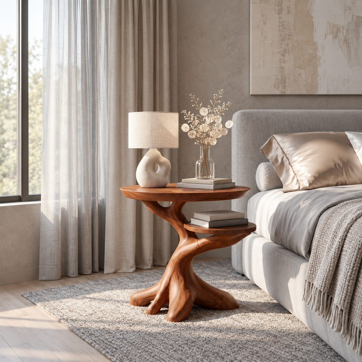 Twisted Root End Table with Rounded Top and Lower Shelf, Sculptural Solid Wood Side Table
