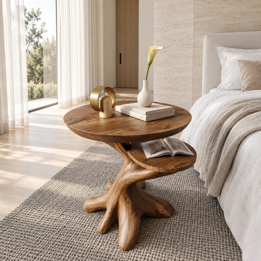 Twisted Root End Table with Rounded Top and Lower Shelf, Sculptural Solid Wood Side Table