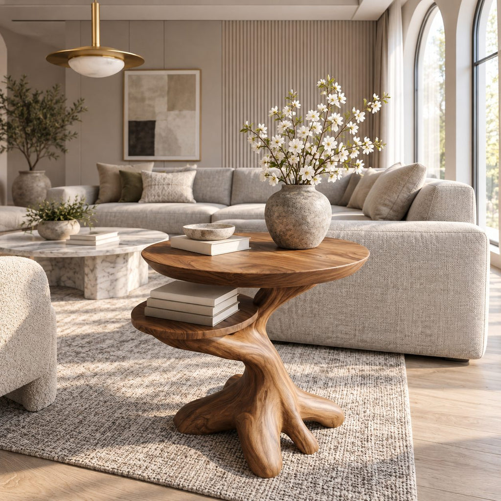 Twisted Root End Table with Rounded Top and Lower Shelf, Sculptural Solid Wood Side Table
