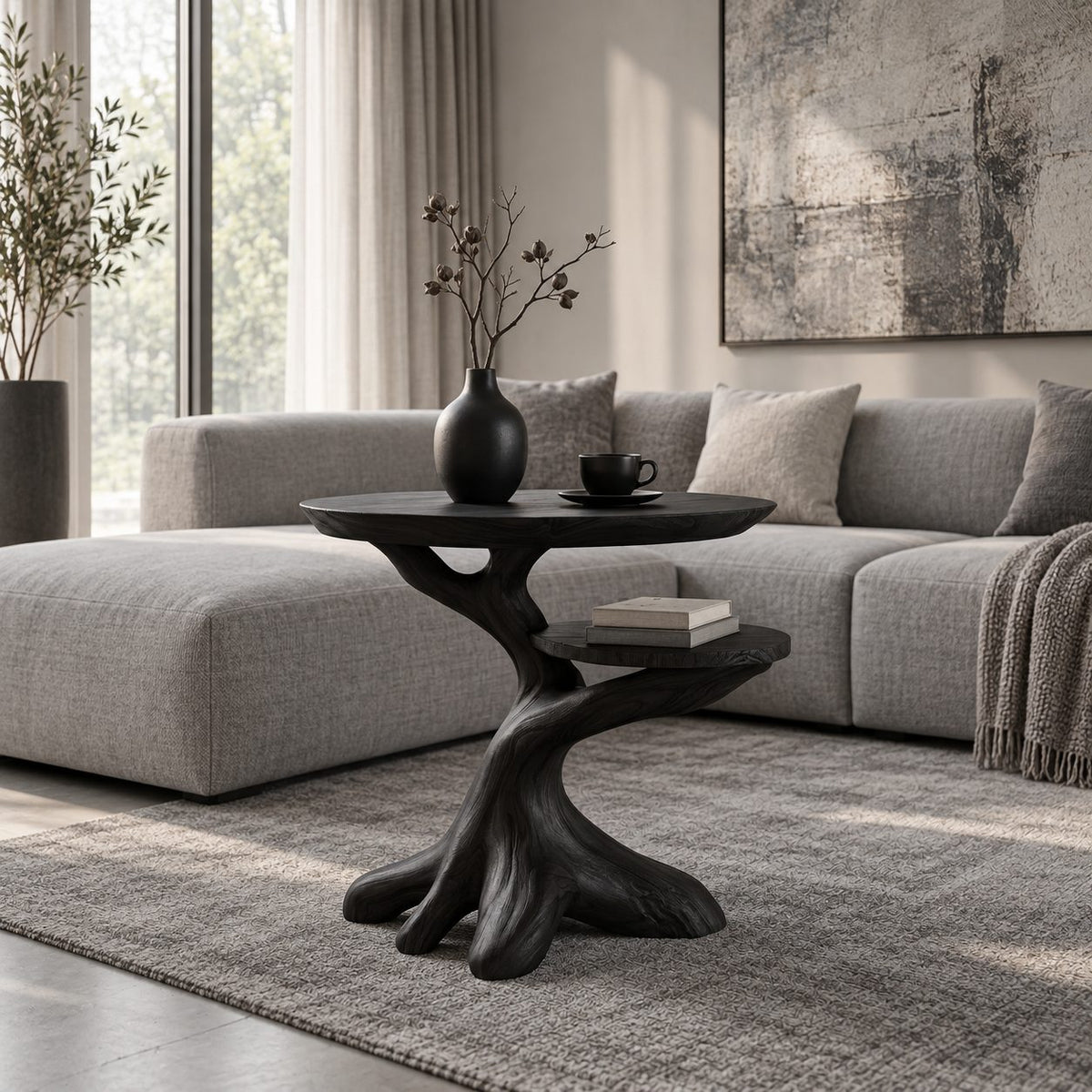 Twisted Root End Table with Rounded Top and Lower Shelf, Sculptural Solid Wood Side Table