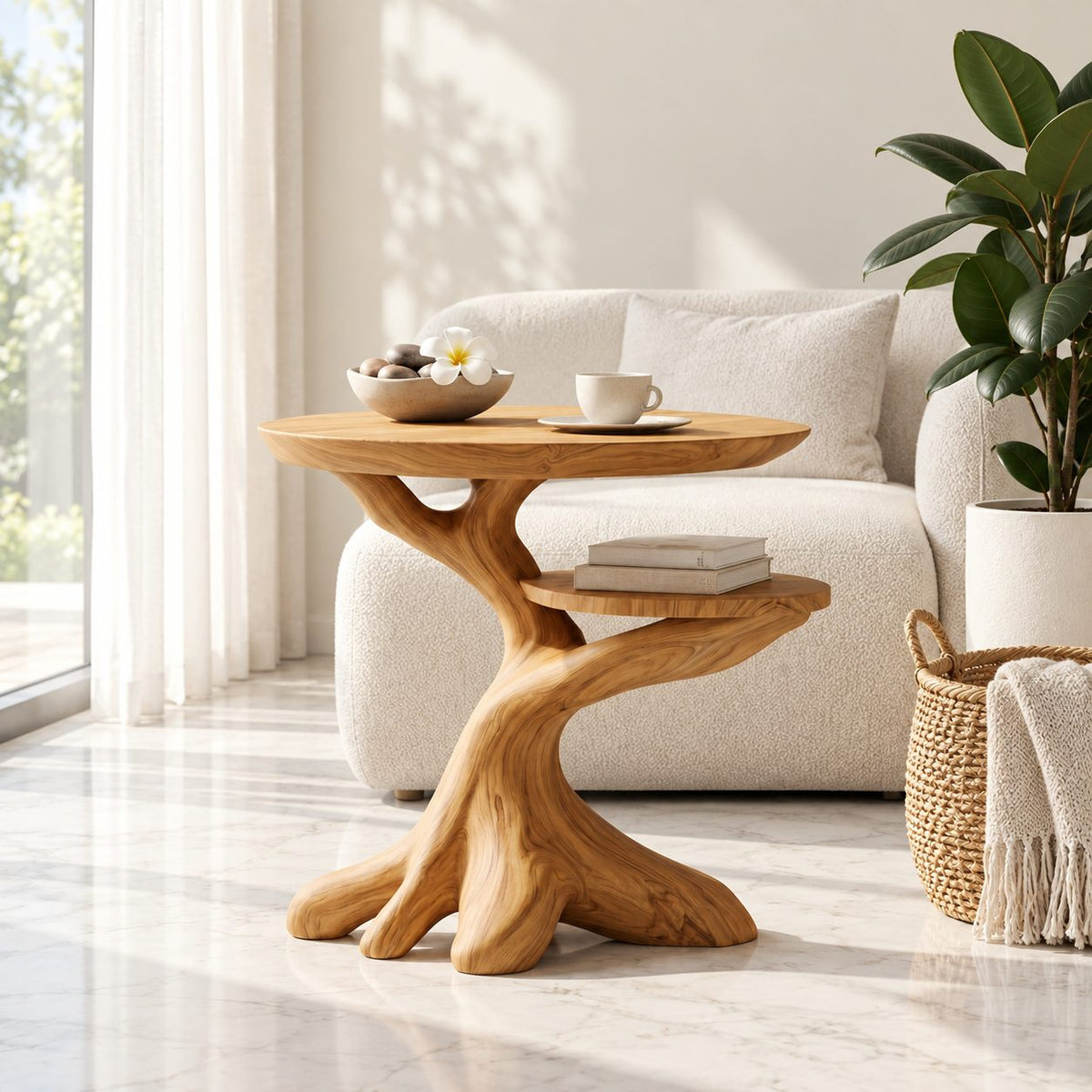 Twisted Root End Table with Rounded Top and Lower Shelf, Sculptural Solid Wood Side Table