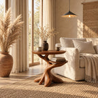 Twisted Root End Table with Rounded Top and Lower Shelf, Sculptural Solid Wood Side Table