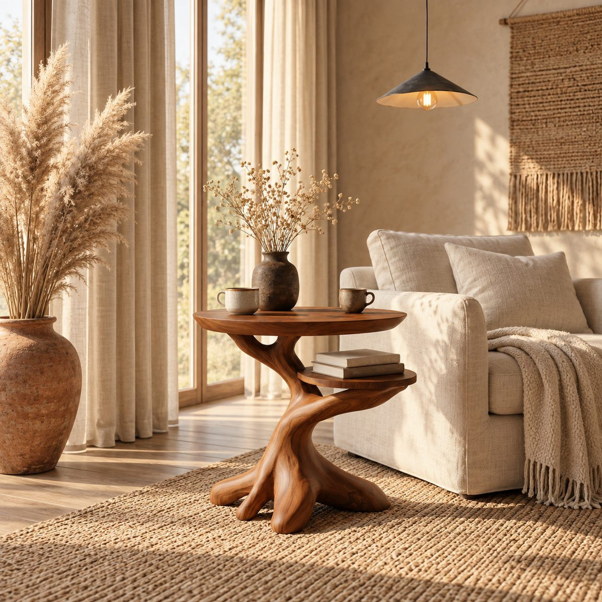 Twisted Root End Table with Rounded Top and Lower Shelf, Sculptural Solid Wood Side Table
