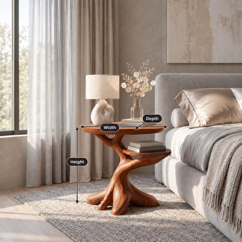 Twisted Root End Table with Rounded Top and Lower Shelf, Sculptural Solid Wood Side Table