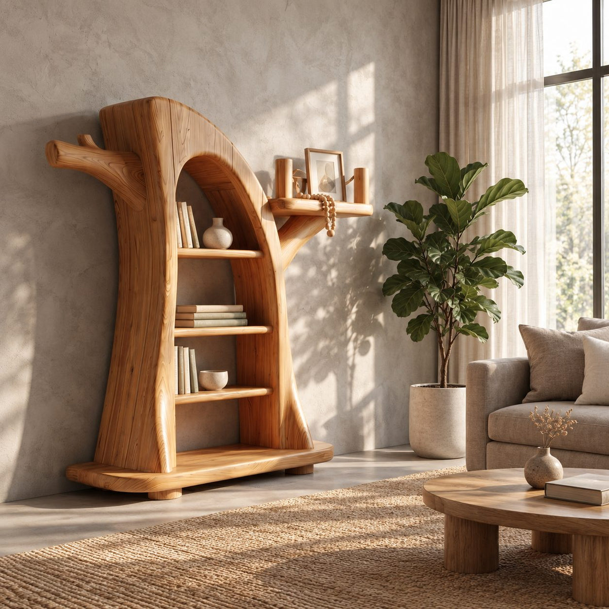 Montessori Tree Bookshelf for Kids Room, Carved Trunk Bookcase with Branch Display Shelves