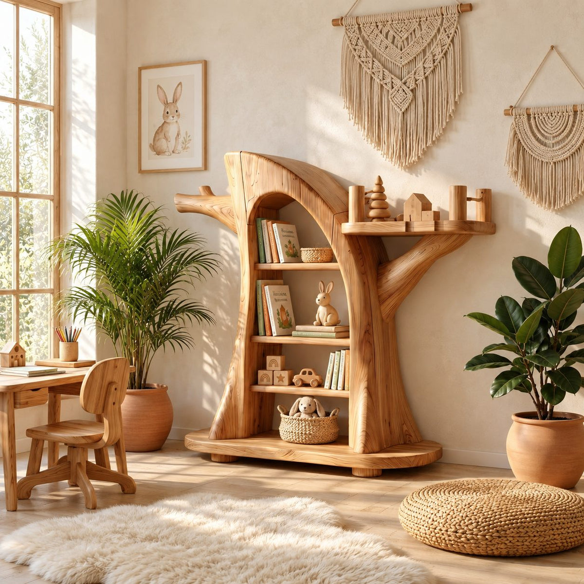 Montessori Tree Bookshelf for Kids Room, Carved Trunk Bookcase with Branch Display Shelves