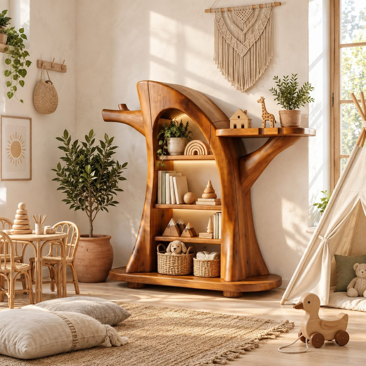 Montessori Tree Bookshelf for Kids Room, Carved Trunk Bookcase with Branch Display Shelves