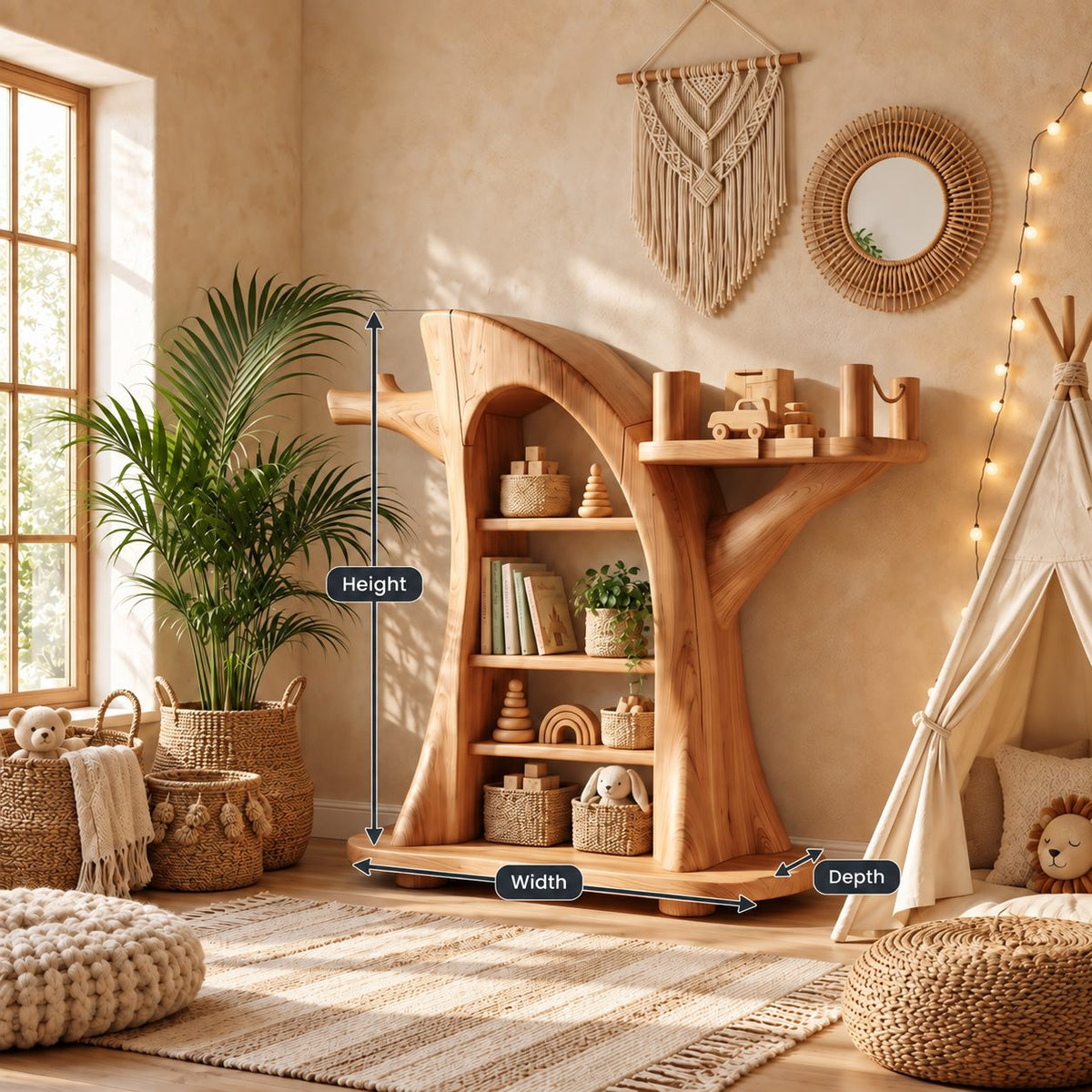 Montessori Tree Bookshelf for Kids Room, Carved Trunk Bookcase with Branch Display Shelves