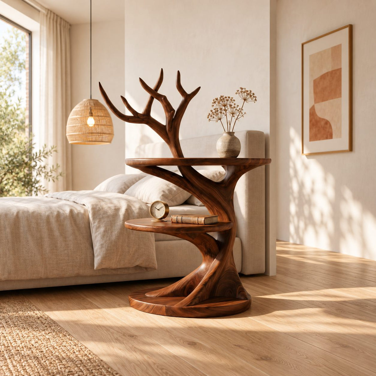 Antler Branch Nightstand with Two Round Tiers, Sculptural Tree Solid Wood Bedside Table for Bedroom