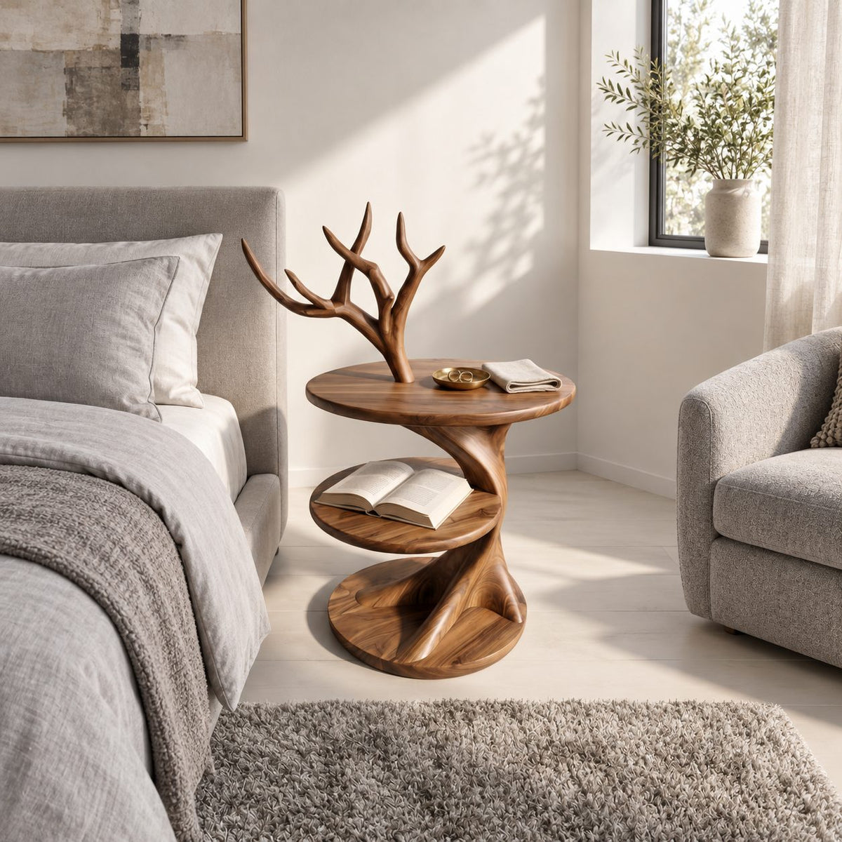 Antler Branch Nightstand with Two Round Tiers, Sculptural Tree Solid Wood Bedside Table for Bedroom