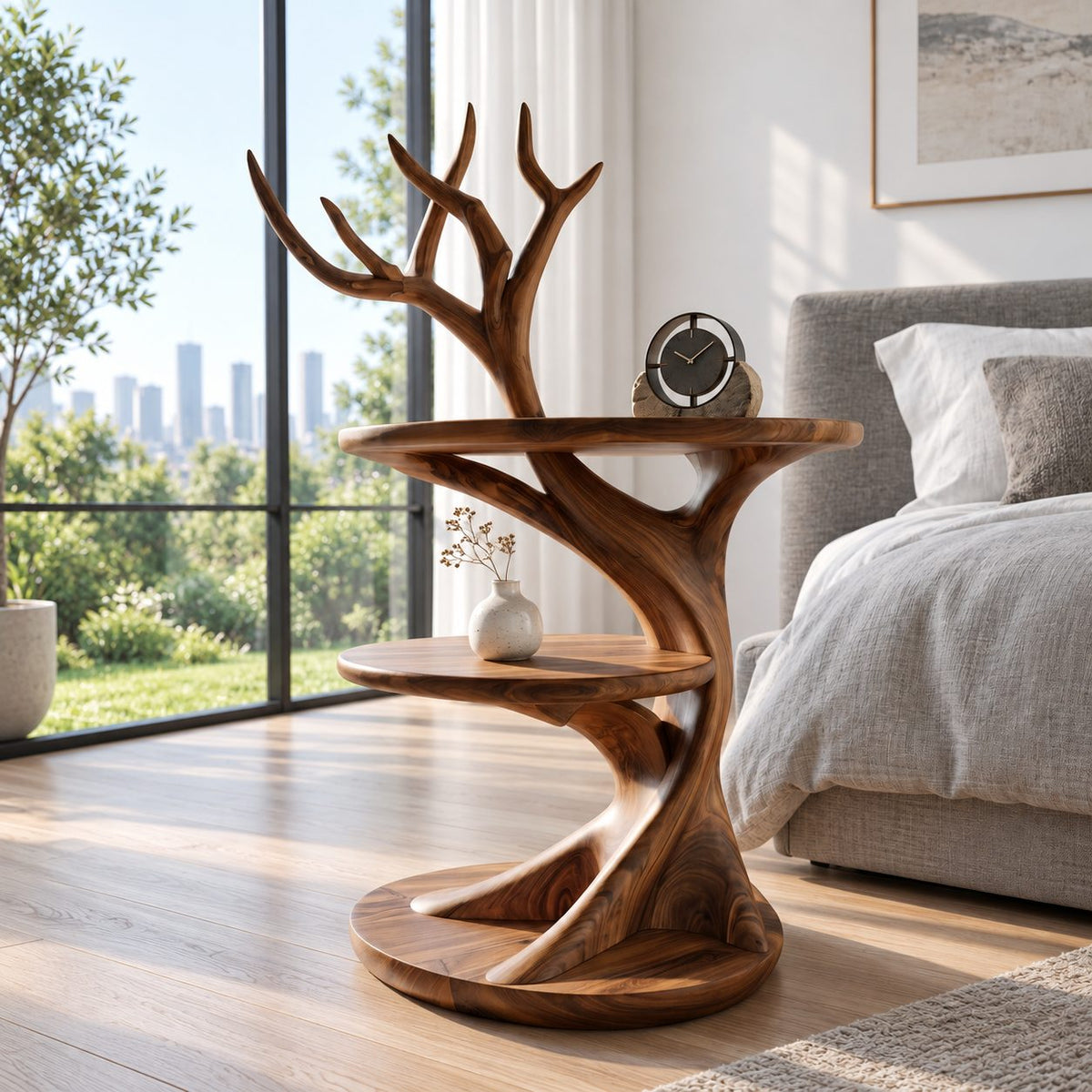 Antler Branch Nightstand with Two Round Tiers, Sculptural Tree Solid Wood Bedside Table for Bedroom