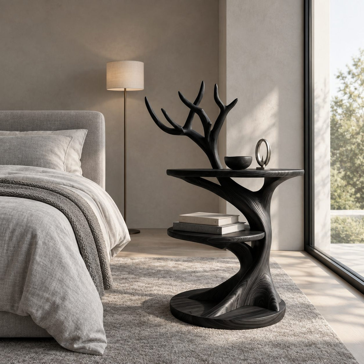 Antler Branch Nightstand with Two Round Tiers, Sculptural Tree Solid Wood Bedside Table for Bedroom