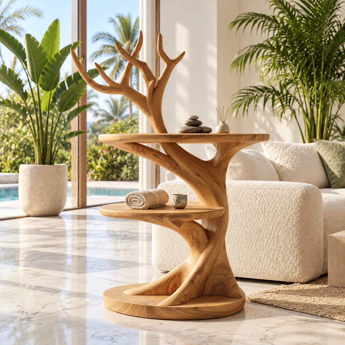 Antler Branch Nightstand with Two Round Tiers, Sculptural Tree Solid Wood Bedside Table for Bedroom